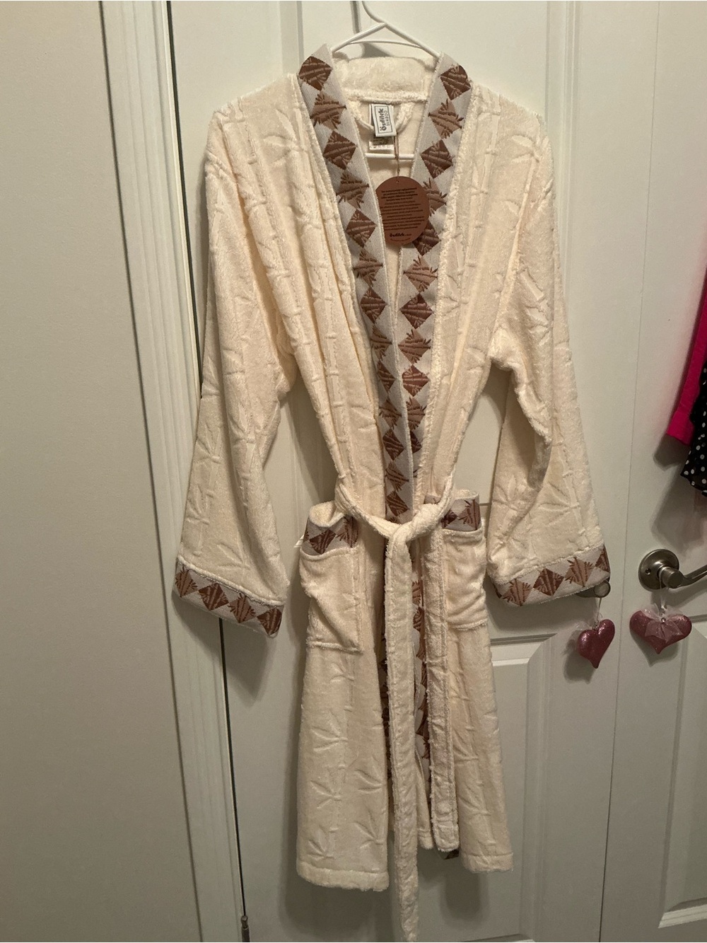 Cream Robe with Brown Geometric Trim -made in Turkey